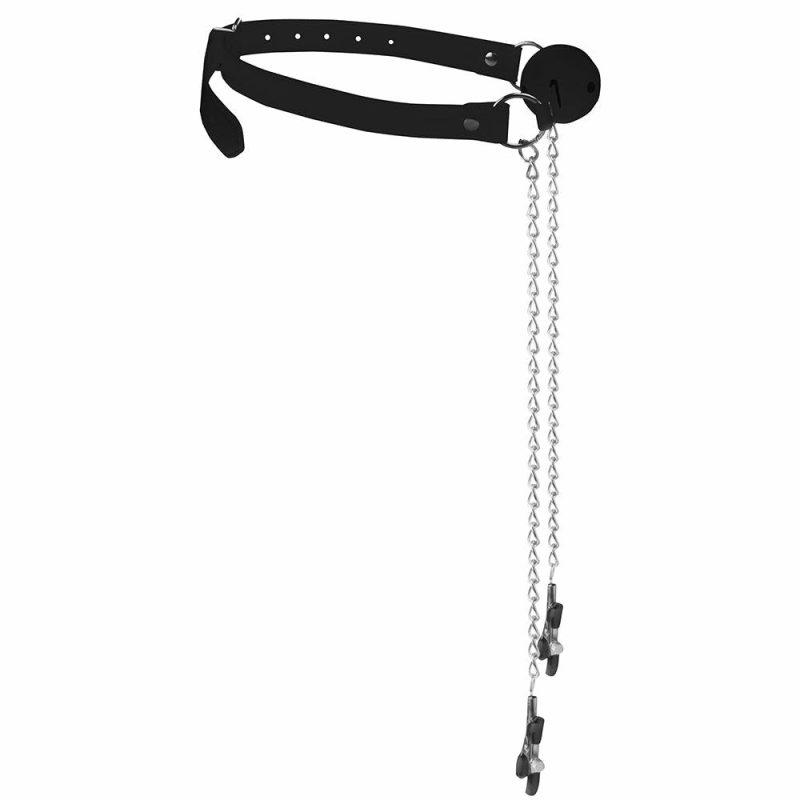 Bondage | Black & White Breathable Ball Gag With Nipple Clamps Bondage Bondage