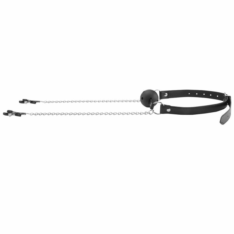 Bondage | Black & White Breathable Ball Gag With Nipple Clamps Bondage Bondage