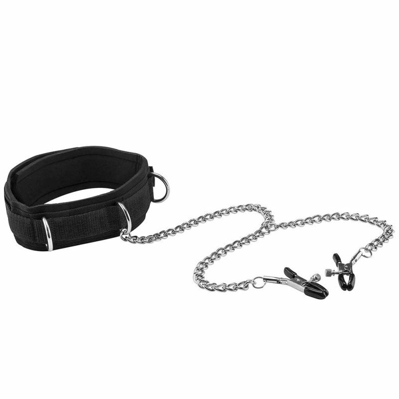 Bondage | Black & White Velcro Collar With Nipple Clamps Bondage Bondage