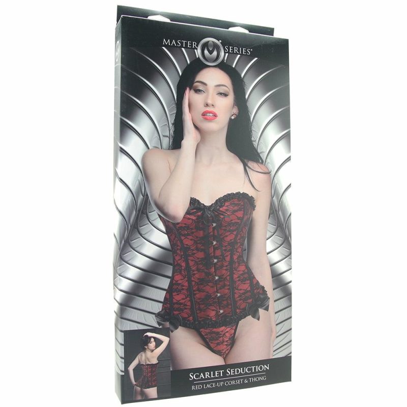 Bondage | Master Series Scarlet Seduction Red Corset & Thong In Xl Bondage Black, Red