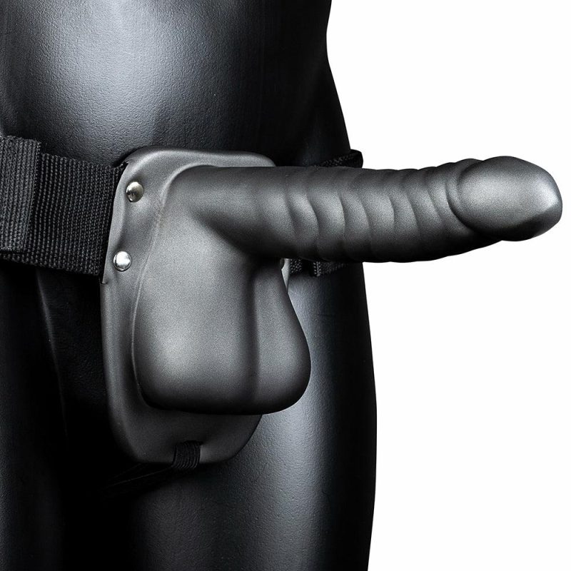 Dildos | Ouch! Ribbed 8 Inch Hollow Ballsy Strap-On In Gunmetal Dildos Dildos