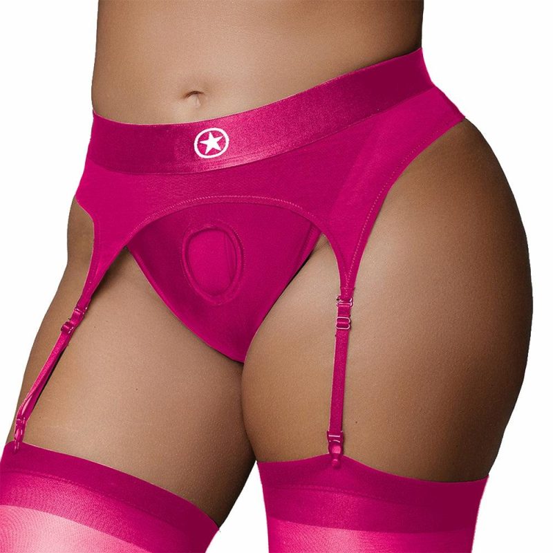 Sexual Wellness | Ouch! Vibrating Pink Strap-On Garter Thong In Xl/2Xl Dildos Dildos