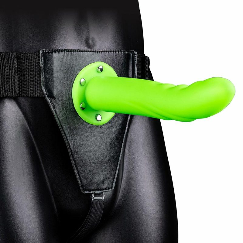 Sexual Wellness | Textured Curved 8 Inch Hollow Strap-On In Glowing Green Dildos Dildos