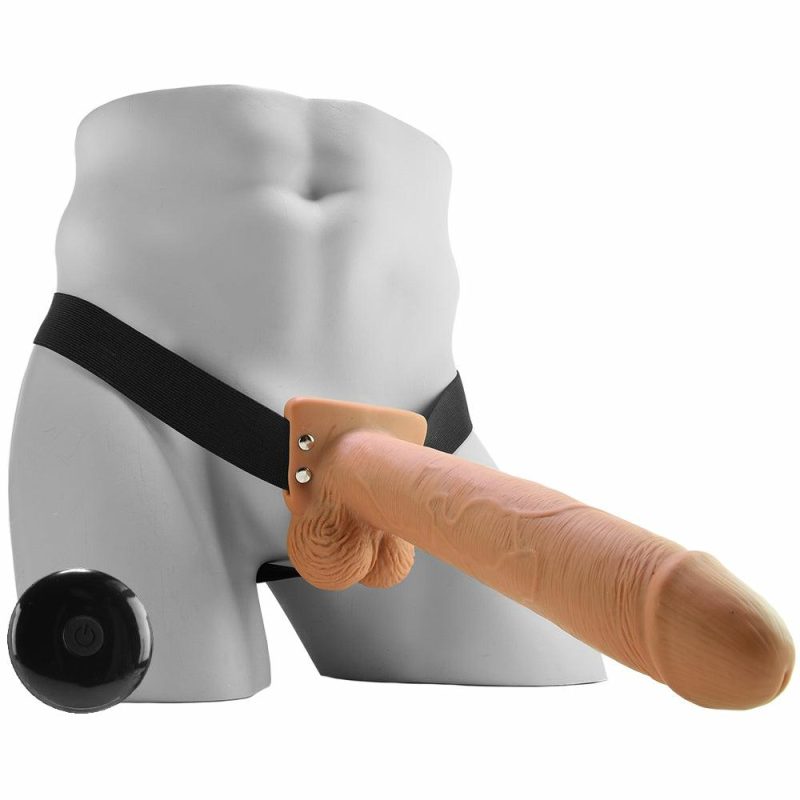 Vibrators | 10" Hollow Vibrating Strap-On With Remote In Tan Dildos Dildos